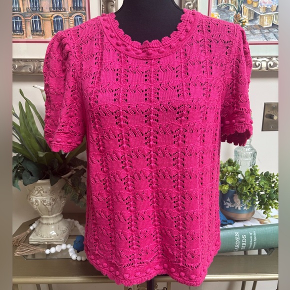 by ANTHROPOLOGY PINK EYELET KNIT CROCHET ROSETTE BOHO COTTAGE CORE TOP SZ XL - Picture 1 of 9
